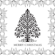Merry Christmas Ornate Tree Design, Black and White Holiday Card, Festive Floral Pattern, Vintage Style Xmas Background

