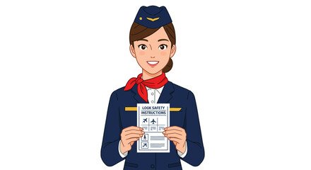A flight attendant in uniform holds a safety instruction card