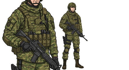 Two soldiers in camouflage uniforms hold rifles