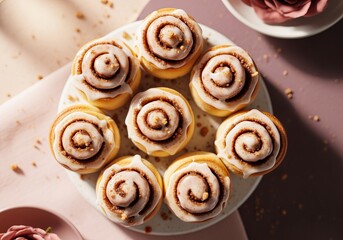 Fototapeta premium Mini cinnamon rolls with glossy icing on pink background