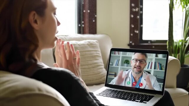 A woman engages in a telehealth consultation with a doctor on a laptop while comfortably seated on a couch in a bright living room. The conversation focuses on medical advice