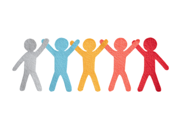 Colorful stick figures linked, hands raised