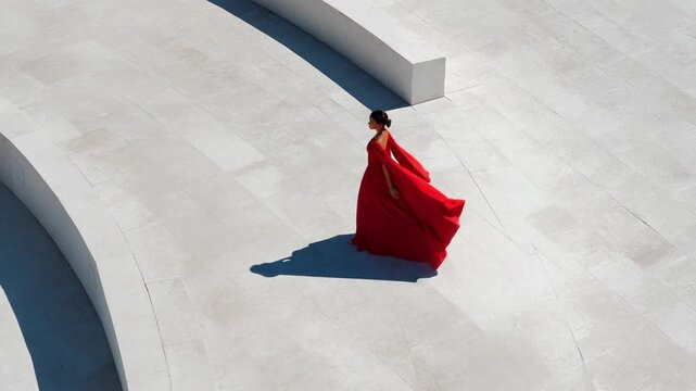 A Stunning Visual Journey: A Solemn Figure Draped in a Flowing Red Attire Gracefully Navigating Through a Modern Architectural Space with Clean Lines and Gentle Curvature Casting Beautiful Shadows