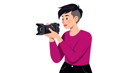 Woman with a camera wearing a purple shirt and black pants aiming the camera