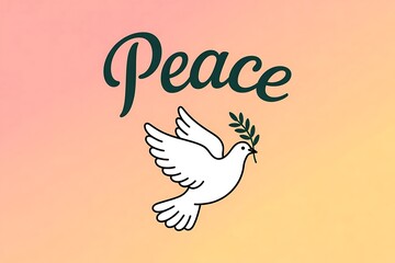 Symbol of hope and tranquility a white dove carries an olive branch with the word Peace elegantly displayed above
