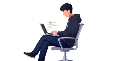 Person coding sitting with laptop screen with code wearing hoodie jeans sneakers office chair