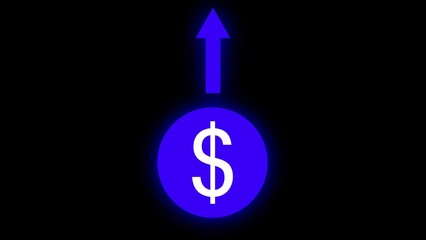 Obraz premium Blue Neon Arrow Above Blue Dollar Sign in Blue Circle on Black Background image photo