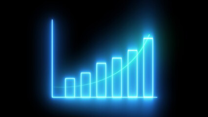 Blue Neon Bar Chart with Upward Trend Line Against Black Background graph rising