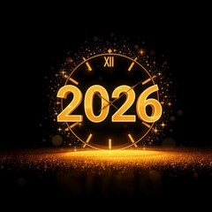 Happy 2026 New Year greeting card. Golden clock with sparkling bokeh lights on black background