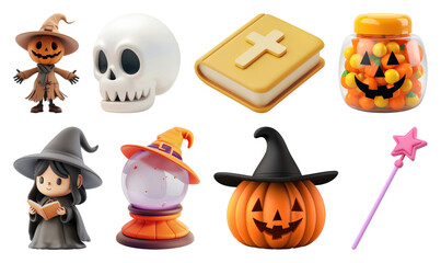 PNG Halloween-themed cartoon objects collection, element set on transparent background