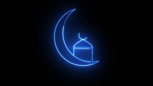 Blue Neon Crescent Moon and Mosque Icon on Black Background islam ramadan