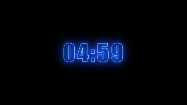 Blue neon digital timer displaying 04:59 with a glowing effect on a black background Keywords: timer, digital, time, clock, countdown, numbers, 04:59, display, graphic, interface, technology