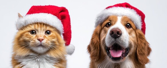 The Cat and Dog Wearing Santa Hats Closeup Holiday Portrait with Festive Expressions