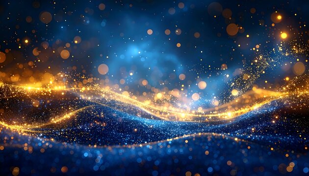 An abstract, flowing digital artwork featuring golden and blue sparkling particles, suggestive of energy waves