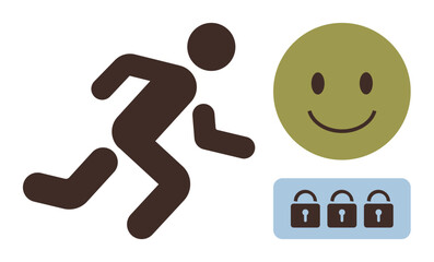 Human figure rushing toward a green happy accompanied by a row of blue padlocks. Ideal for motivation, positivity, protection, progress, trust, security, decision-making, simple flat metaphor