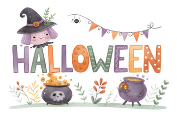Fototapeta premium Watercolor “HALLOWEEN” text banner with colorful letters in orange, purple, and green shades. The design features a cute witch hat on the letter H and a bubbling cauldron replacing the letter O. Isola