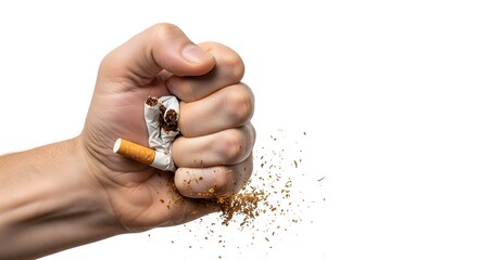 Hand Crushing Cigarettes to Quit Smoking on White Background