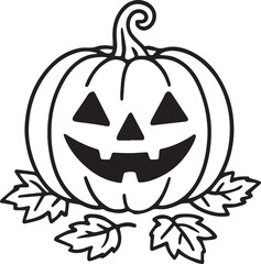 A grinning pumpkin with carved features sits amid fall leaves, creating a spooky and inviting Halloween symbol.
