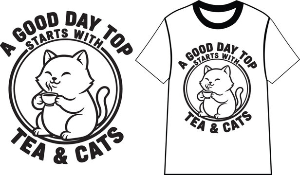 Cute Cat Drinking Tea T-shirt Design