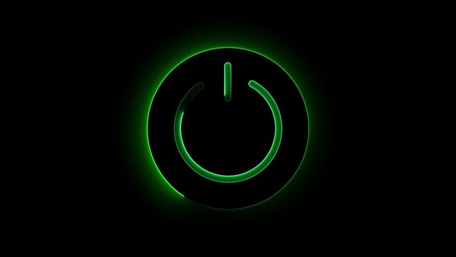Glowing green power button symbol on a dark black background with subtle light effect on off start