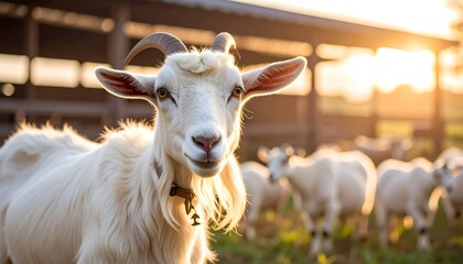 Obraz premium A close-up of a goat in golden hour, barn in the background