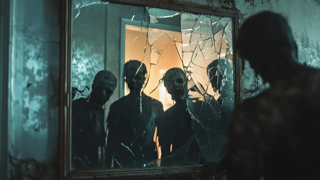 Apocalyptic survivor confronting infected zombies through shattered mirror reflection, revealing intense horror within decaying abandoned house interior