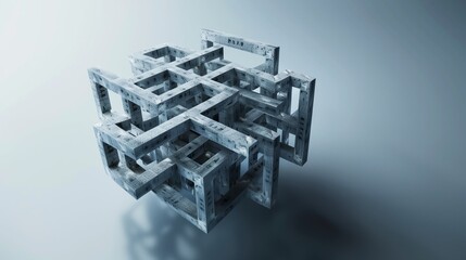 Abstract floating 3D maze structure in the air, futuristic surreal design.