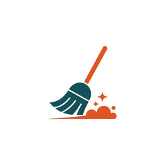 Simple icon depicting a teal broom sweeping up orange dust and sparkles