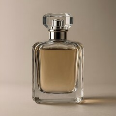 Luxury perfume bottle with spray mist on stone pedestal, elegant fragrance concept, minimal background
