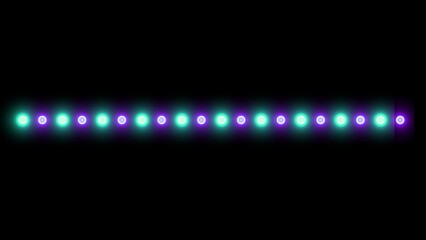 Horizontal line of glowing purple and teal LED lights on black background illuminated