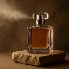 Luxury perfume bottle with spray mist on stone pedestal, elegant fragrance concept, minimal background