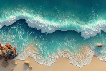 Summer beach with soft waves and blue water - Top view flat-lay banner with copy space for vacation ads and social media
