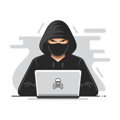 Hacker illustration with hooded figure using laptop for cybersecurity, hacking, and online threats