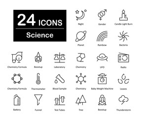 These are 24 beautiful small, pixel perfect science and experiment interface vector icons.
