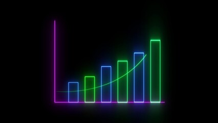 Multi- Colored Neon Bar Chart with Upward Trend Line Against Black Background graph rising