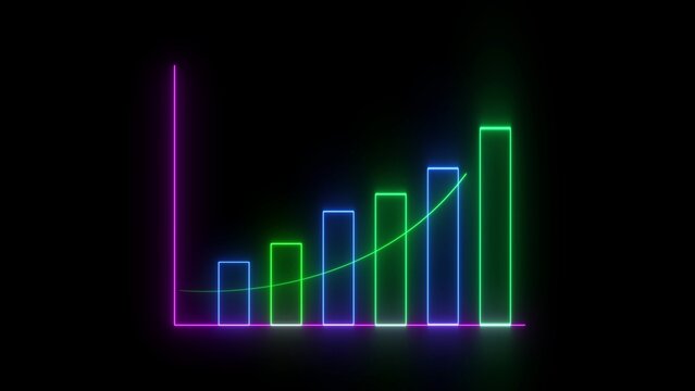 Multi- Colored Neon Bar Chart with Upward Trend Line Against Black Background graph rising