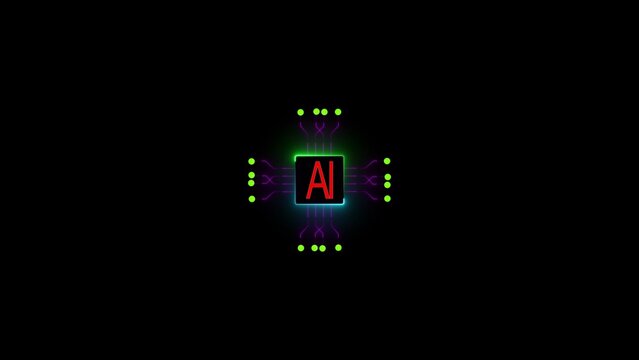 Neon AI chip with red letters and green dots on black background artificial intelligence technology