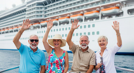 Joyful senior travelers waving to giant cruise ship during summer vacation at sea, liner blurred in background. Cruise concept for seniors and pensioners