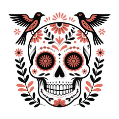 Fototapeta premium Stylized Sugar Skull with Birds and Flowers Vector Art day of the dead dia de los muertos