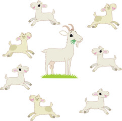 goat and seven kids jumping around her