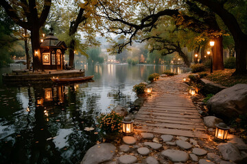 Obraz premium Tranquil Autumn Lake Scene with Illuminated Pathway and Gazebo at Dusk