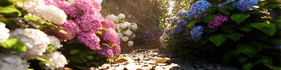 Obraz premium Pathway through vibrant blooming flowers under sunlight creating a serene nature scene