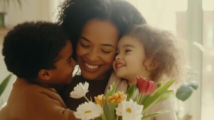Loving mother receiving colorful tulips and daisies from cheerful african american children, sharing heartwarming moment of joy and gratitude during mother's day celebration at home