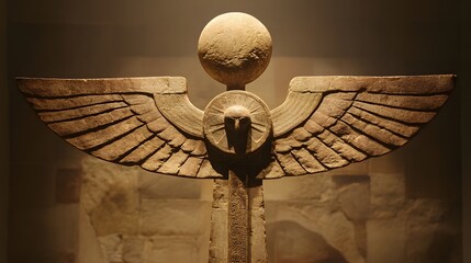 Ancient egypt deity statue of winged sun disk and religious symbols