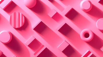 Trendy geometric shapes pattern in pink, 3d rendering minimalist design