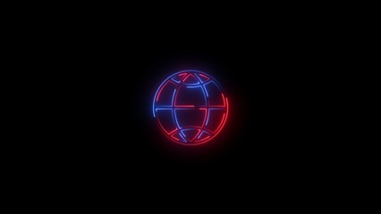 Red and blue neon globe icon on a black background world earth