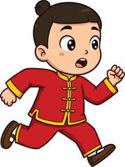 Cute Asian boy running in traditional red Chinese costume, cartoon vector illustration, cultural clothing art, happy child festival celebration design