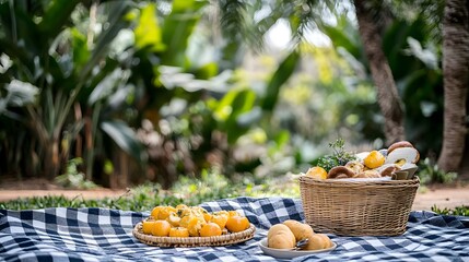 Outdoor picnic setup with assorted breads fruits on a checkered blanket