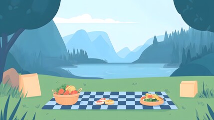 Scenic picnic illustration with food baskets and serene mountain view