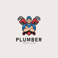 Plumber logo design with worker holding wrenches for plumbing, repair, and construction services
